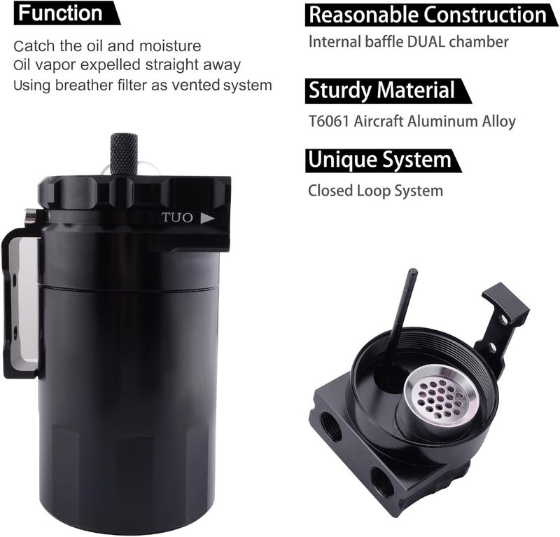 ESPEEDER Universal Aluminum Oil Catch Can with Breather Filter - 300ml Black - Image 3