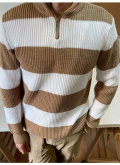 Cool Tarz Cool Style Mink-White Zippered Striped Patterned Knitwear Sweater  - Image 2