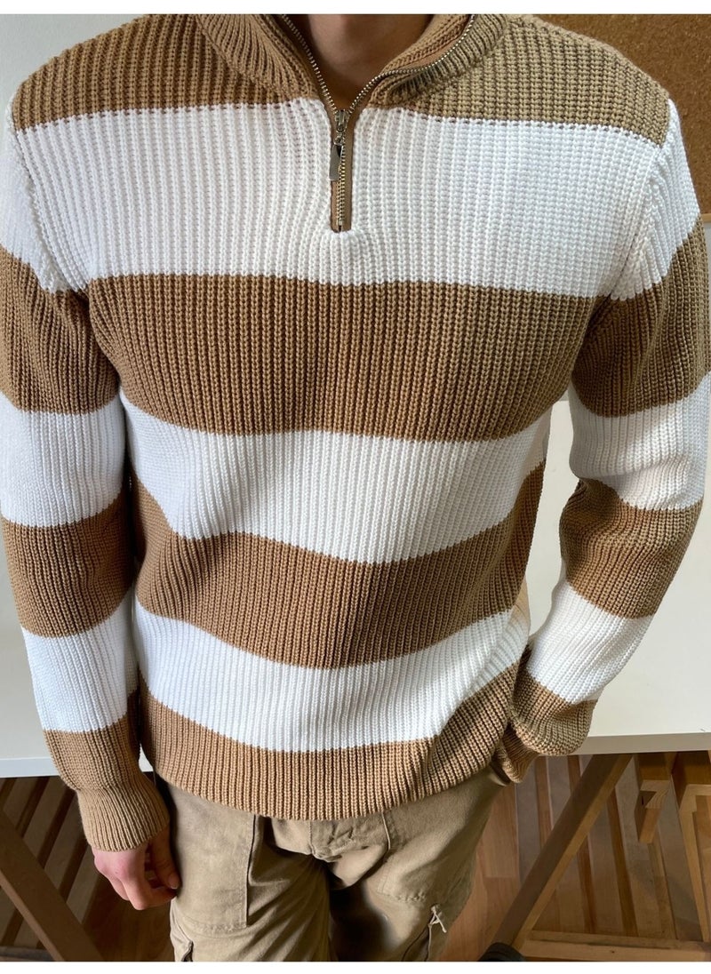 Cool Tarz - Cool Style Mink-White Zippered Striped Patterned Knitwear Sweater - Image 1