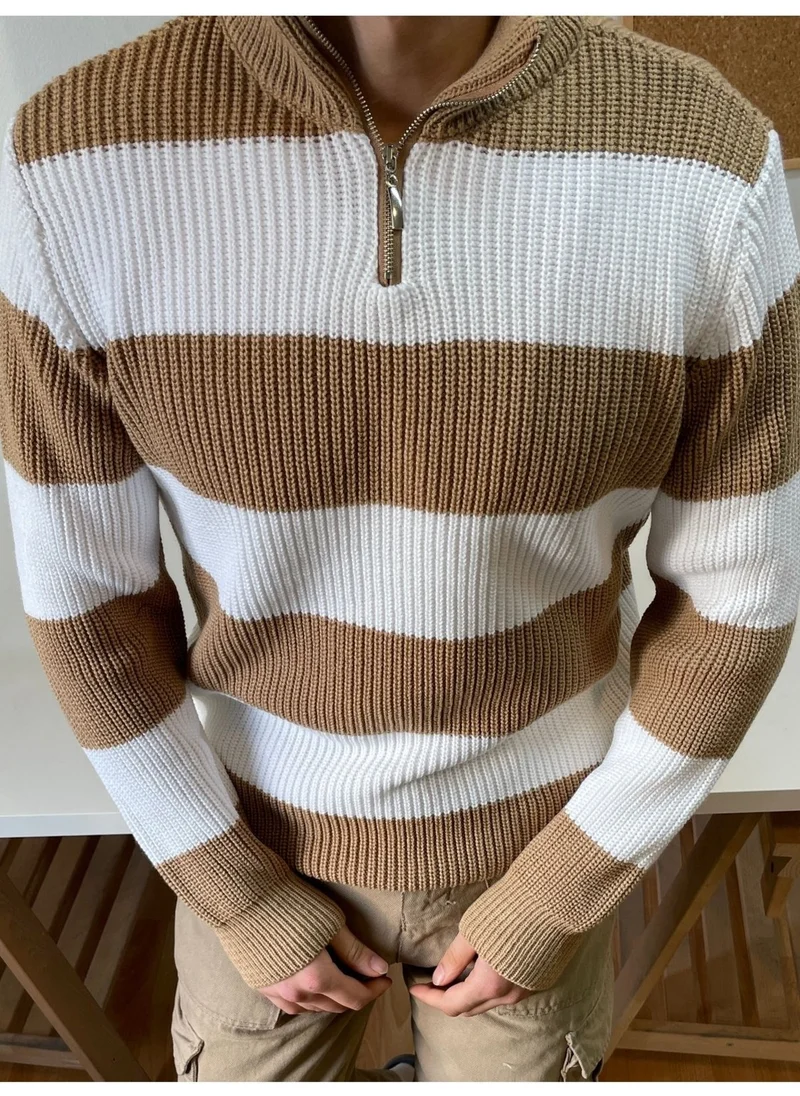 Cool Tarz Cool Style Mink-White Zippered Striped Patterned Knitwear Sweater