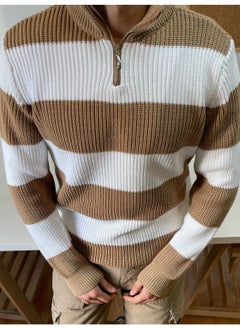 Cool Tarz Cool Style Mink-White Zippered Striped Patterned Knitwear Sweater  - Image 1