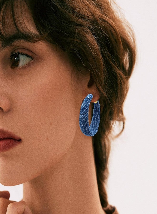 PLwelth Denim Hoop Earrings for Women Exaggerated Large Circle Round Statement Earrings Blue Jean Drop Dangle Earring Bohemian Denim Accessories Trendy Jewelry Gifts for Wedding Bridal Decor - Image 2