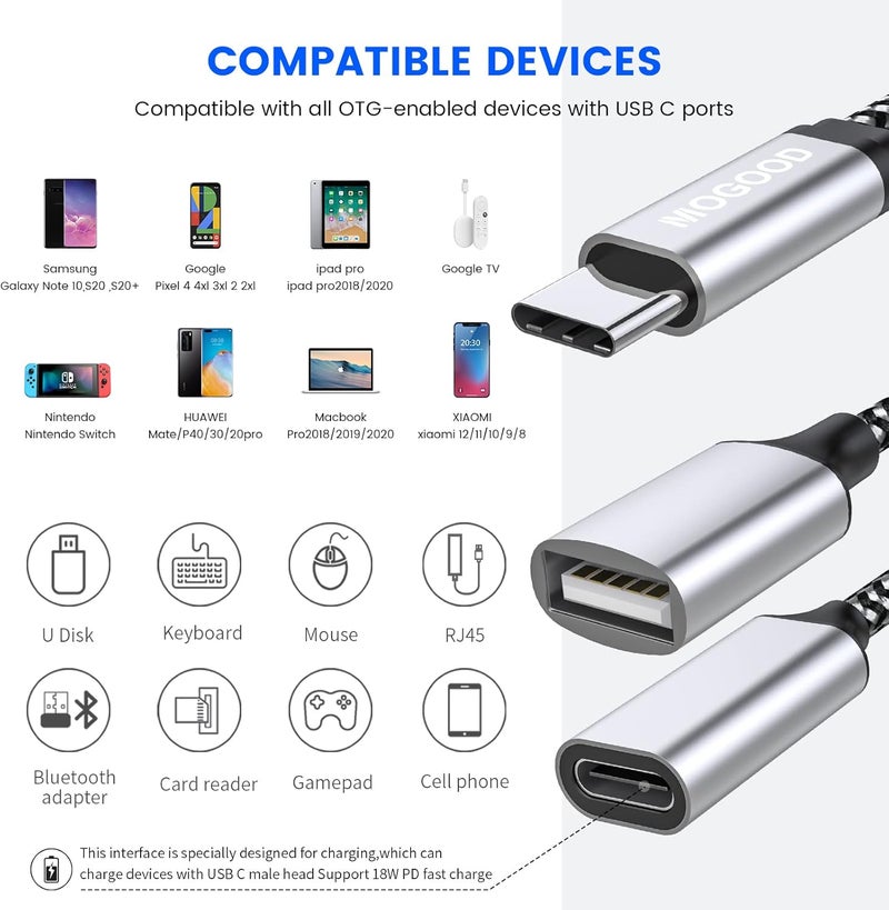 محول USB C OTG مقسم USB C إلى USB مع شحن بقدرة 18 واط PD متوافق مع Samsung Galaxy S22 Note10 Switch Google Chromecast مع Google TV 2020 Pi-KVM طابعة ثلاثية الأبعاد Octo4a LGG8 Google Pixel4 XL - Image 5