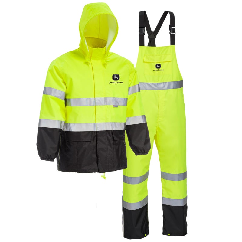 John Deere Unisex High Visability ANSI Class III Rain Suit Jacket and Bib with Color Block High Visability Water Resistant and Reflective 3M Tape Yellow Black XLarge JD44530XL