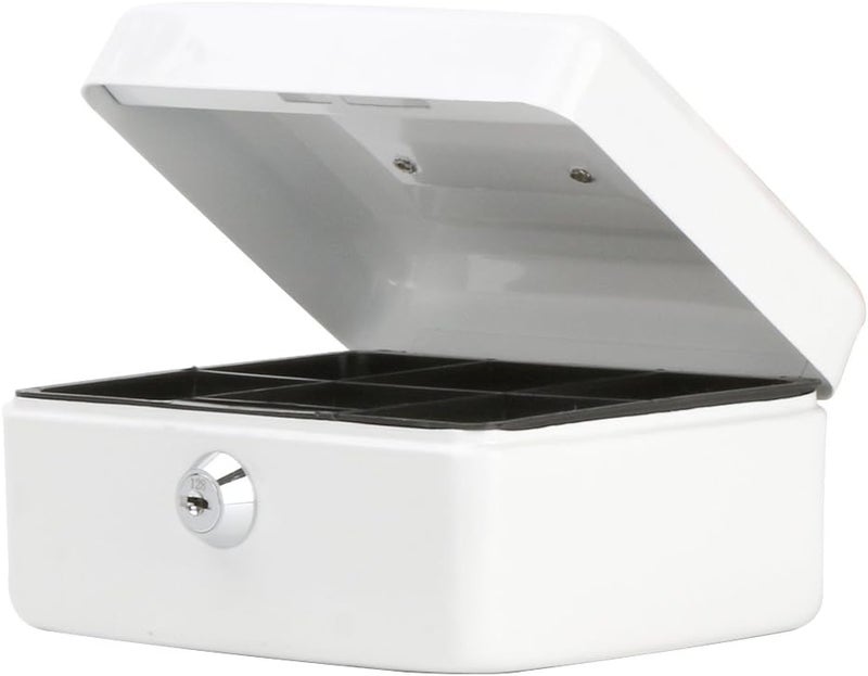 Decaller Small Cash Box with Key Lock, Portable Metal Money Box with Double Layer & 2 Keys for Security, White, 6" x 4 4/5" x 3 1/5", QH1504XS - Image 1