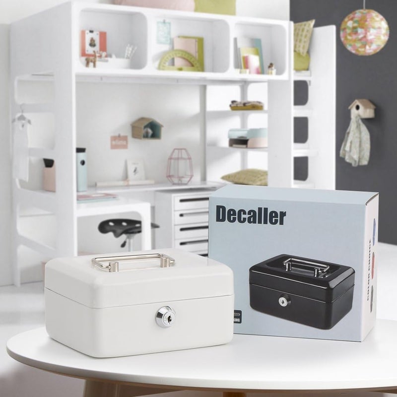 Decaller Small Cash Box with Key Lock, Portable Metal Money Box with Double Layer & 2 Keys for Security, White, 6" x 4 4/5" x 3 1/5", QH1504XS - Image 5
