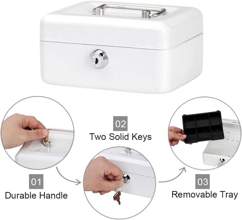 Decaller Small Cash Box with Key Lock, Portable Metal Money Box with Double Layer & 2 Keys for Security, White, 6" x 4 4/5" x 3 1/5", QH1504XS - Image 4