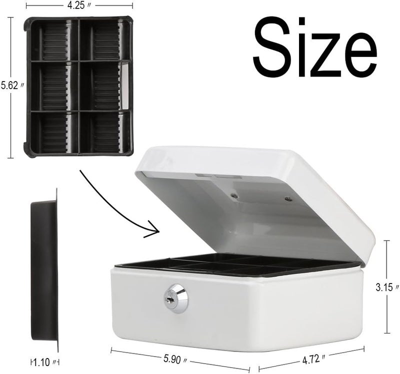 Decaller Small Cash Box with Key Lock, Portable Metal Money Box with Double Layer & 2 Keys for Security, White, 6" x 4 4/5" x 3 1/5", QH1504XS - Image 3