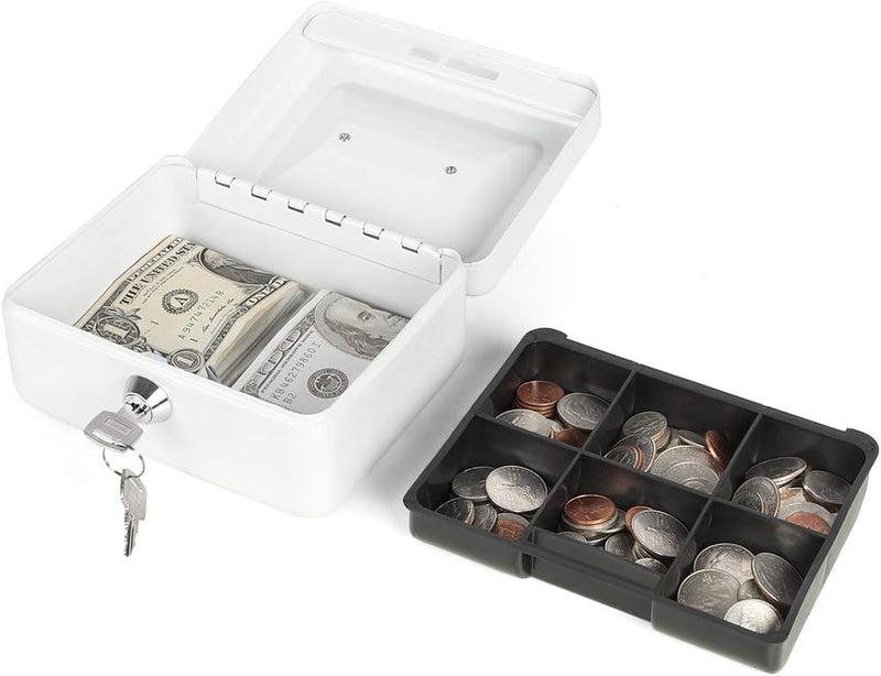 Decaller Small Cash Box with Key Lock, Portable Metal Money Box with Double Layer & 2 Keys for Security, White, 6" x 4 4/5" x 3 1/5", QH1504XS - Image 2