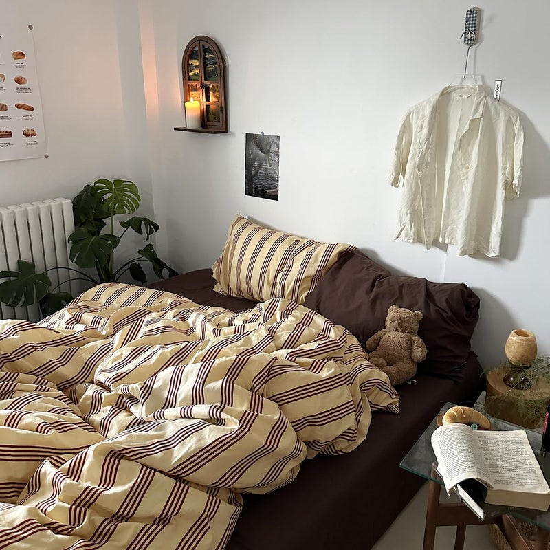 mixinni Retro Striped Duvet Cover Set King - 100% Natural Cotton 3-Piece Vintage Red Stripes Pattern Printed Bedding Set, Soft Breathable Comforter Cover with Zipper Closure & Corner Ties, King Size - Image 4