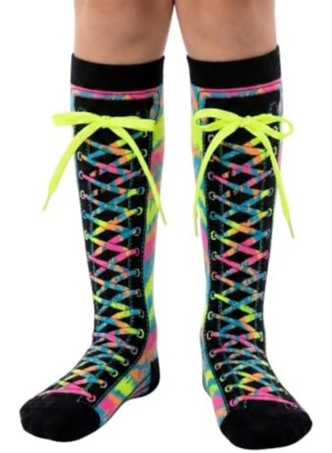 Glitters Funky 3D Lace-Up Knee-High Socks for Kids & Teens – Colorful Novelty Cartoon Socks with Neon Laces – Soft, Stretchy, Eye-Catching Design for Kids - Image 1