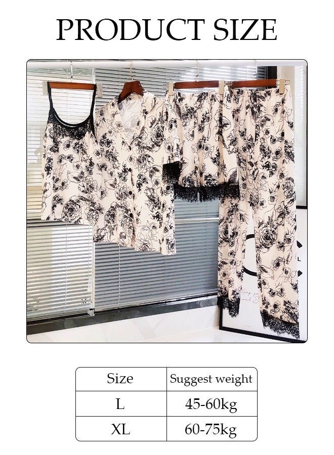 DUNISO Cooling Satin Pajamas for Women 4pcs Pajama Set with Shorts Set and Button Down Long Sleeve Pjs Loungewear Sleepwear Lace Loungewear - Image 2