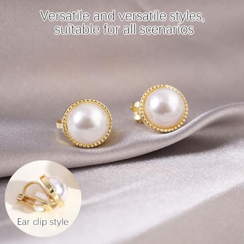 XFSAFDM 2 Pairs Clip On Earrings for Non Pierced Ears, Elegant Pearl Earrings for Women, Golden Pressing Earrings for No Hole Ears, Traditional Jewelry for Weddings and Special Occasions - Image 4