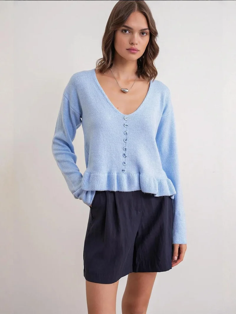 MixRay Mixray Lightweight V-Neck Knit Top with Button Detail