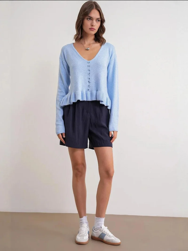 MixRay Mixray Lightweight V-Neck Knit Top with Button Detail