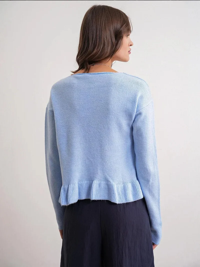 Mixray Baby Blue Mixray Lightweight V-Neck Knit Top with Button Detail for Women | Best Price UAE