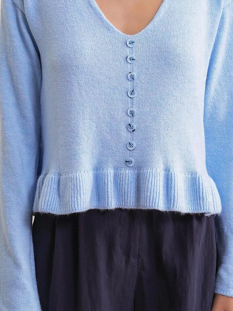 Mixray Baby Blue Mixray Lightweight V-Neck Knit Top with Button Detail for Women | Best Price UAE