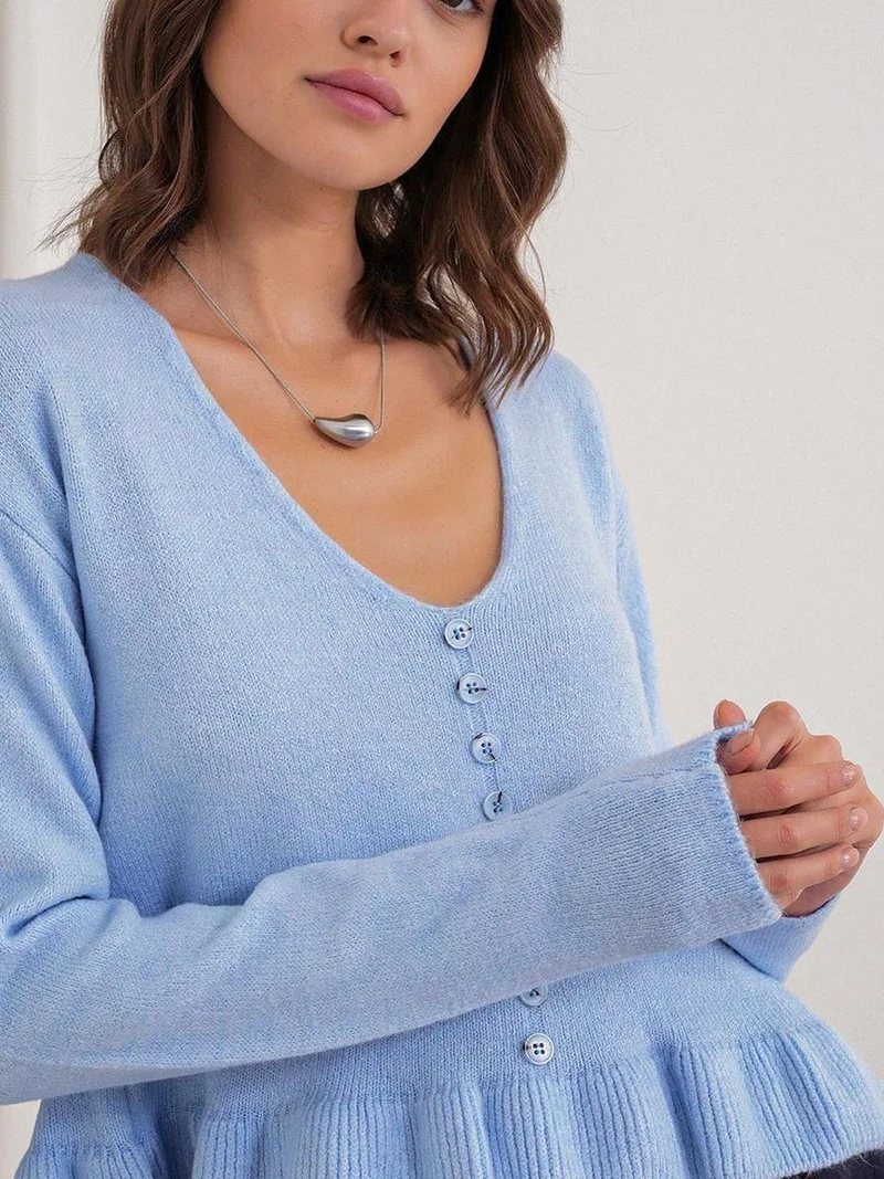 Mixray Baby Blue Mixray Lightweight V-Neck Knit Top with Button Detail for Women | Best Price UAE