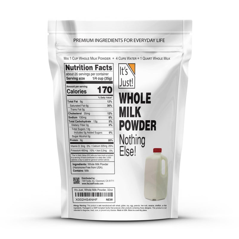 It's Just! It's Just - Whole Milk Powder, 2lbs, rBST/rBGH Hormone Free, Shelf Stable, Just Add Water, Made in USA, Dry Milk Powder, 32oz - Image 2