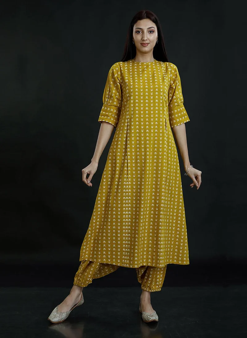 ZERESOUQ Olive Cotton Anarkali Kurta & Salwar Pant Set