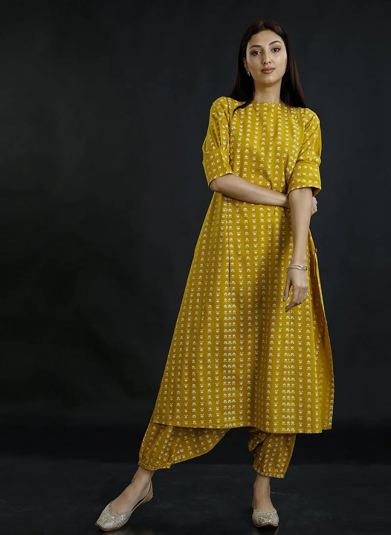 ZERESOUQ Olive Cotton Anarkali Kurta & Salwar Pant Set