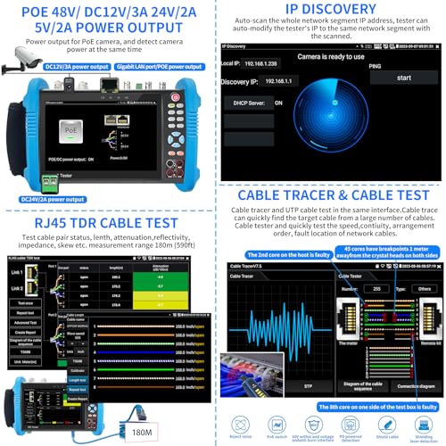 Rsrteng IPC-9800MOVTADHS Pro Full Features CCTV Camera Tester 8K 32MP IP Camera Tester 7-inch IPS Touch Screen Monitor CCTV Tester with 4K HD-TVI CVI AHD SDI Support DMM OPM VFL TDR Features POE HD - Image 5