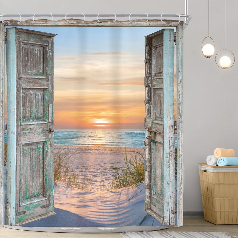 Riyidecor Beach Shower Curtain 72Wx72H Inch Ocean Barn Door Seaside Sea Beachy Coastal Hawaiian Nautical Sunset Landscape Nature Farmhouse Bathroom Decor Fabric Polyester Waterproof 12 Pack Hooks - Image 2