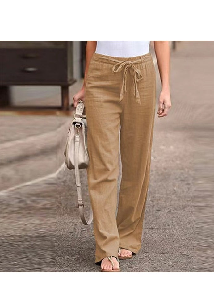 Loquat Elastic Waist Solid Color Cotton Linen Wide Leg Pants 