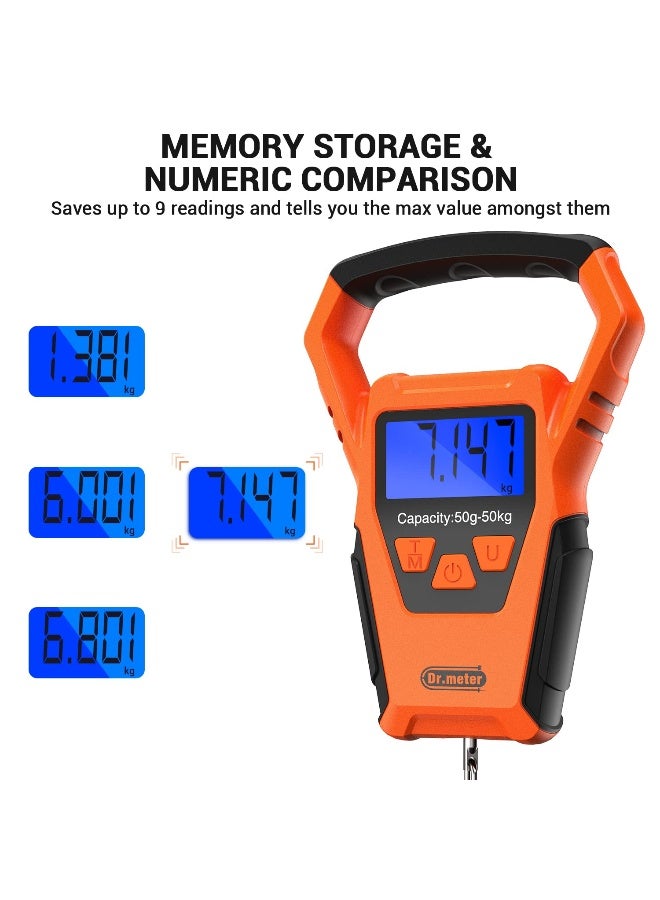 Dr.Meter IPX7 Waterproof Fishing Scale, Dr.meter Upgraded YW-S068 110lb/50kg Backlit LCD Display Digital Hanging Scale with Bigger Handle and Hook, Built-in Tape, Battery Included - Image 5
