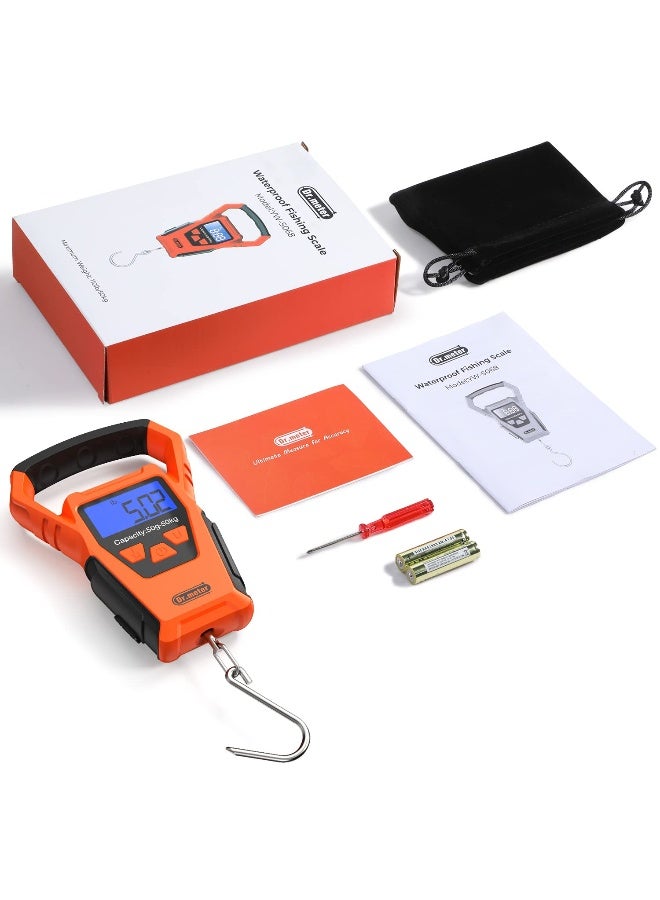 Dr.Meter IPX7 Waterproof Fishing Scale, Dr.meter Upgraded YW-S068 110lb/50kg Backlit LCD Display Digital Hanging Scale with Bigger Handle and Hook, Built-in Tape, Battery Included - Image 1