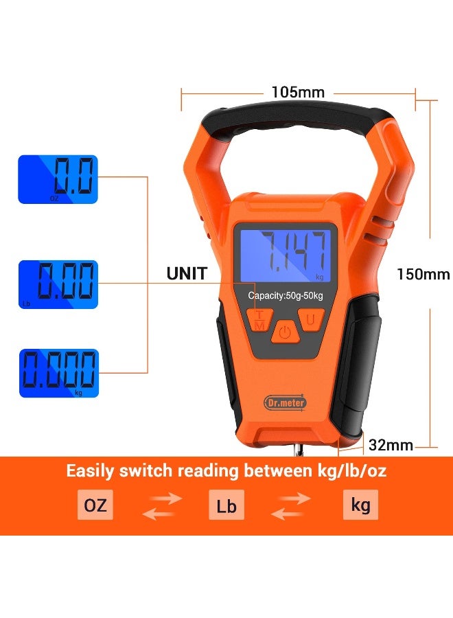 Dr.Meter IPX7 Waterproof Fishing Scale, Dr.meter Upgraded YW-S068 110lb/50kg Backlit LCD Display Digital Hanging Scale with Bigger Handle and Hook, Built-in Tape, Battery Included - Image 4