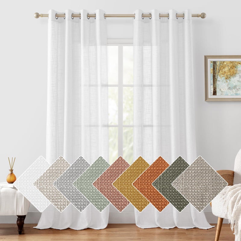 HOMEIDEAS HOMEIDEAS White Linen Sheer Curtains 84 Inches Long 2 Panels Textured Semi Sheer Curtains Farmhouse Curtains Sheer Privacy Window Curtains for Bedroom Living Room - Image 1