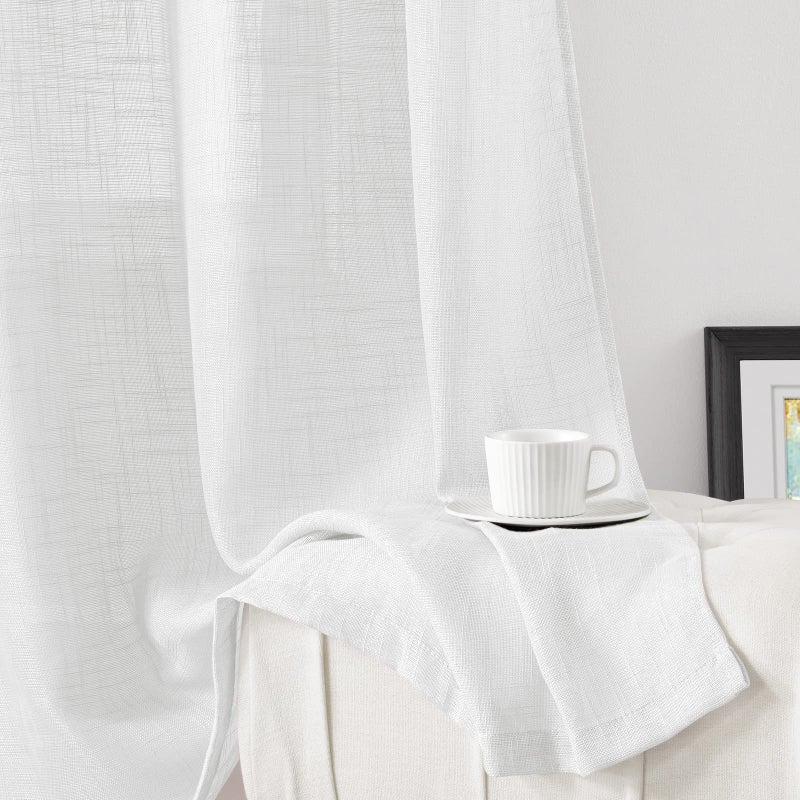 HOMEIDEAS HOMEIDEAS White Linen Sheer Curtains 84 Inches Long 2 Panels Textured Semi Sheer Curtains Farmhouse Curtains Sheer Privacy Window Curtains for Bedroom Living Room - Image 5