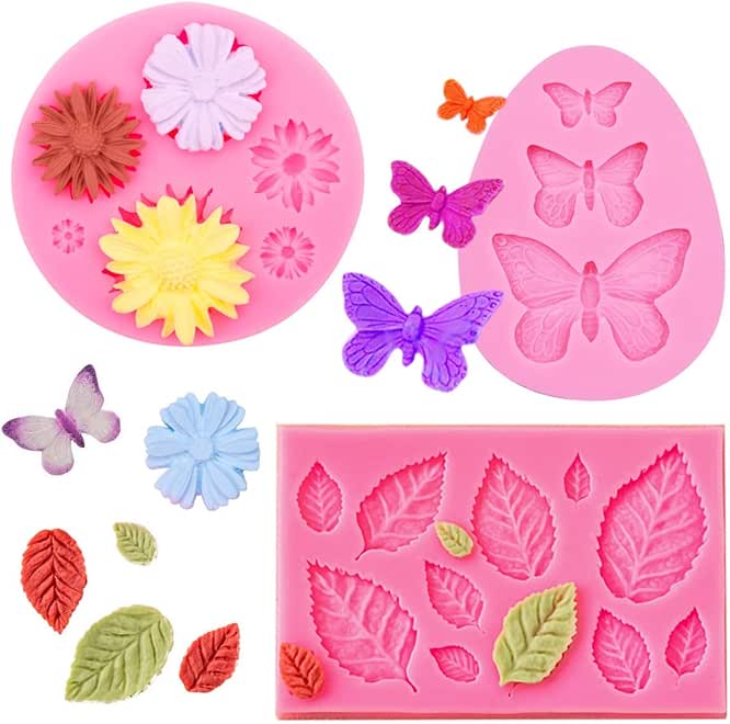 Flower Leaf Butterfly Silicone Molds, 3 Pcs Pink Daisy Butterflies Leaves Fondant Mold for Cake Decorating, DIY Chocolate Candy Baking Mould for Polymer Clay Crafting Cupcake Toppers