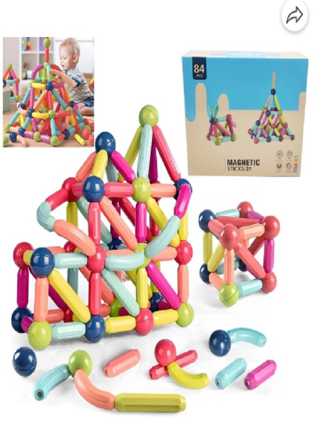 STEM - Magnetic Sticks Building Blocks Toy For Kids, 3D Magnetic Balls And Rods Set Kids Montessori Educational Toys Stacking Toys For Kids Age 3+ Years (84 Pcs) - Image 1