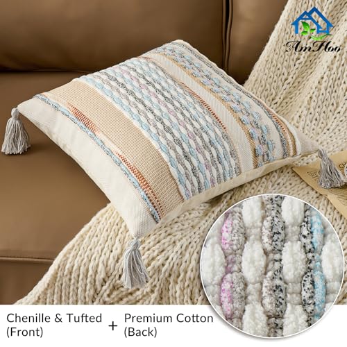 AmHoo Chenille Striped Textured Boho Throw Pillow Covers Aesthetic with Tassels Woven Decorative Pillow Case for Couch Bed Sofa Bedroom Modern Funky 18 x 18Inch White Multicolor - Image 3