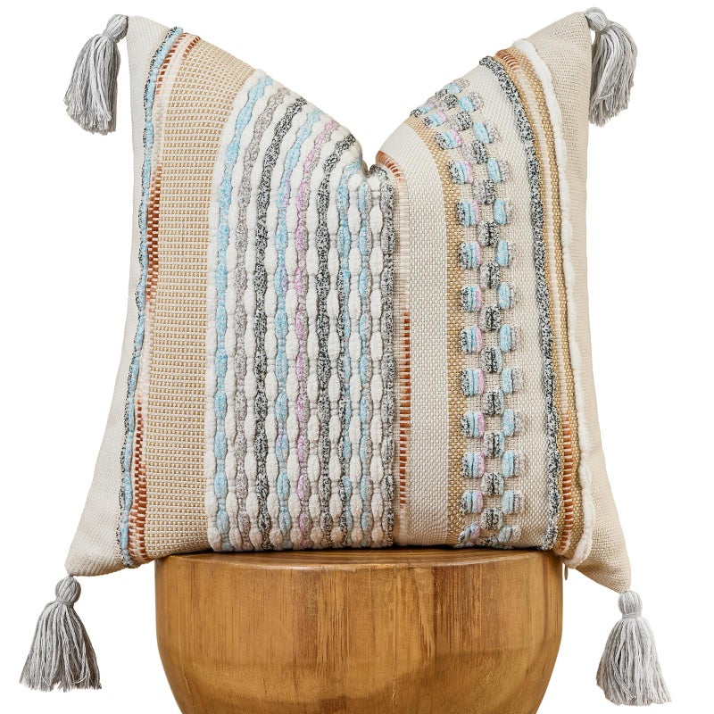 AmHoo Chenille Striped Textured Boho Throw Pillow Covers Aesthetic with Tassels Woven Decorative Pillow Case for Couch Bed Sofa Bedroom Modern Funky 18 x 18Inch White Multicolor - Image 2