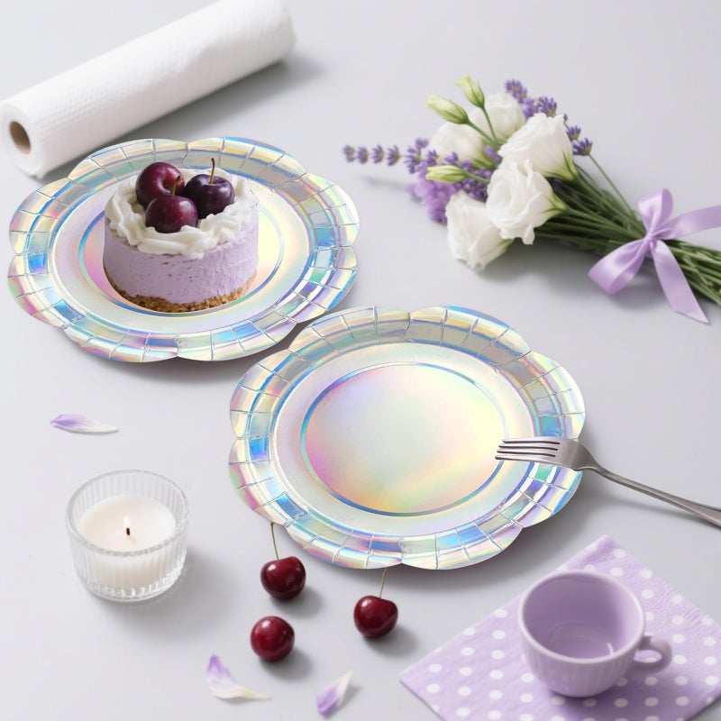 KFJBPB 50PCS Iridescent Silver Paper Plates 7 Inch, Disposable Holographic Scalloped Plates Cake Dessert Plate for Mermaid Birthday Wedding Party Supplies (Iridescent Silver, 7 inch) - Image 4