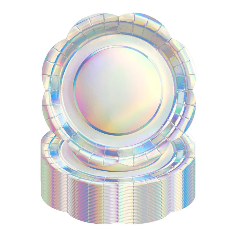 KFJBPB 50PCS Iridescent Silver Paper Plates 7 Inch, Disposable Holographic Scalloped Plates Cake Dessert Plate for Mermaid Birthday Wedding Party Supplies (Iridescent Silver, 7 inch) - Image 1