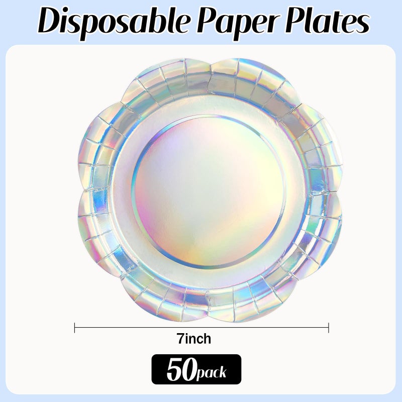 KFJBPB 50PCS Iridescent Silver Paper Plates 7 Inch, Disposable Holographic Scalloped Plates Cake Dessert Plate for Mermaid Birthday Wedding Party Supplies (Iridescent Silver, 7 inch) - Image 2