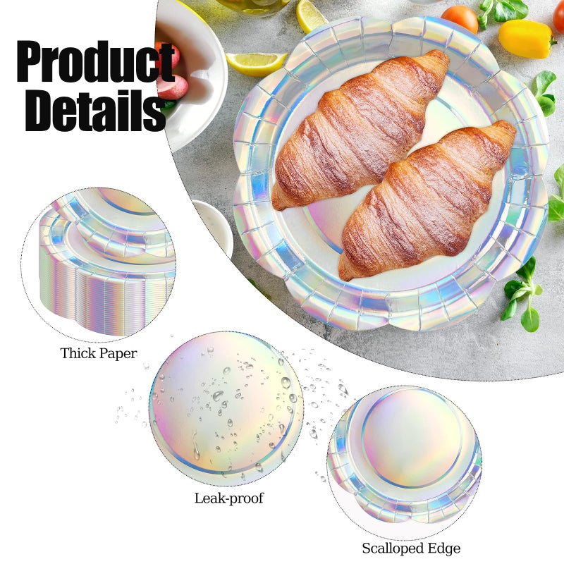 KFJBPB 50PCS Iridescent Silver Paper Plates 7 Inch, Disposable Holographic Scalloped Plates Cake Dessert Plate for Mermaid Birthday Wedding Party Supplies (Iridescent Silver, 7 inch) - Image 3