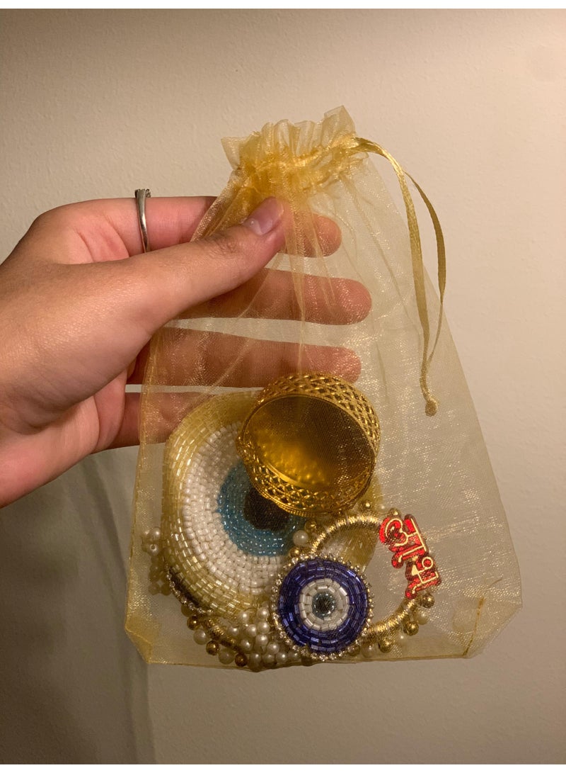 Srajan "Shubh Labh Diya Set with Evil Eye Design – Pearl & Bead Work – Tealight Candle Holders – Set of 2" for Puja, Festive Décor", - Image 4