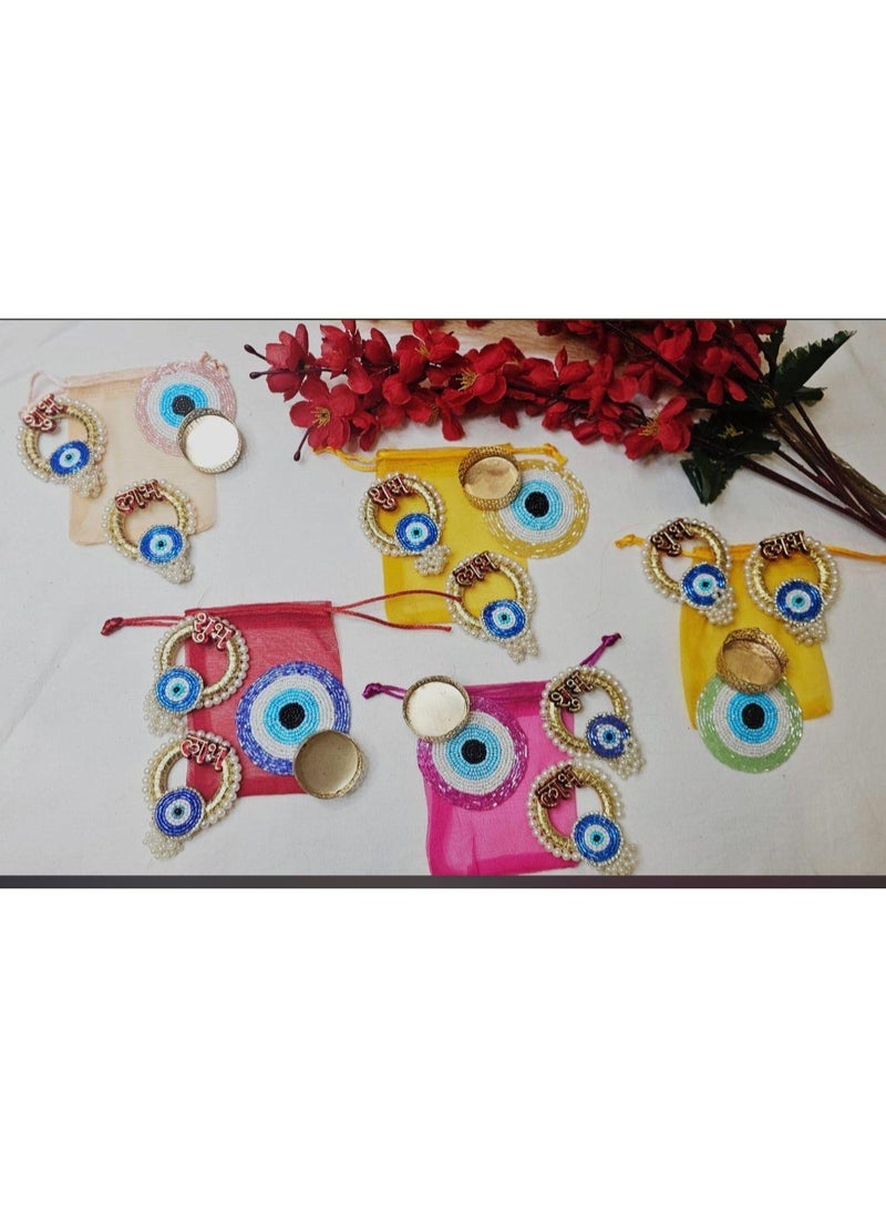 Srajan "Shubh Labh Diya Set with Evil Eye Design – Pearl & Bead Work – Tealight Candle Holders – Set of 2" for Puja, Festive Décor", - Image 2