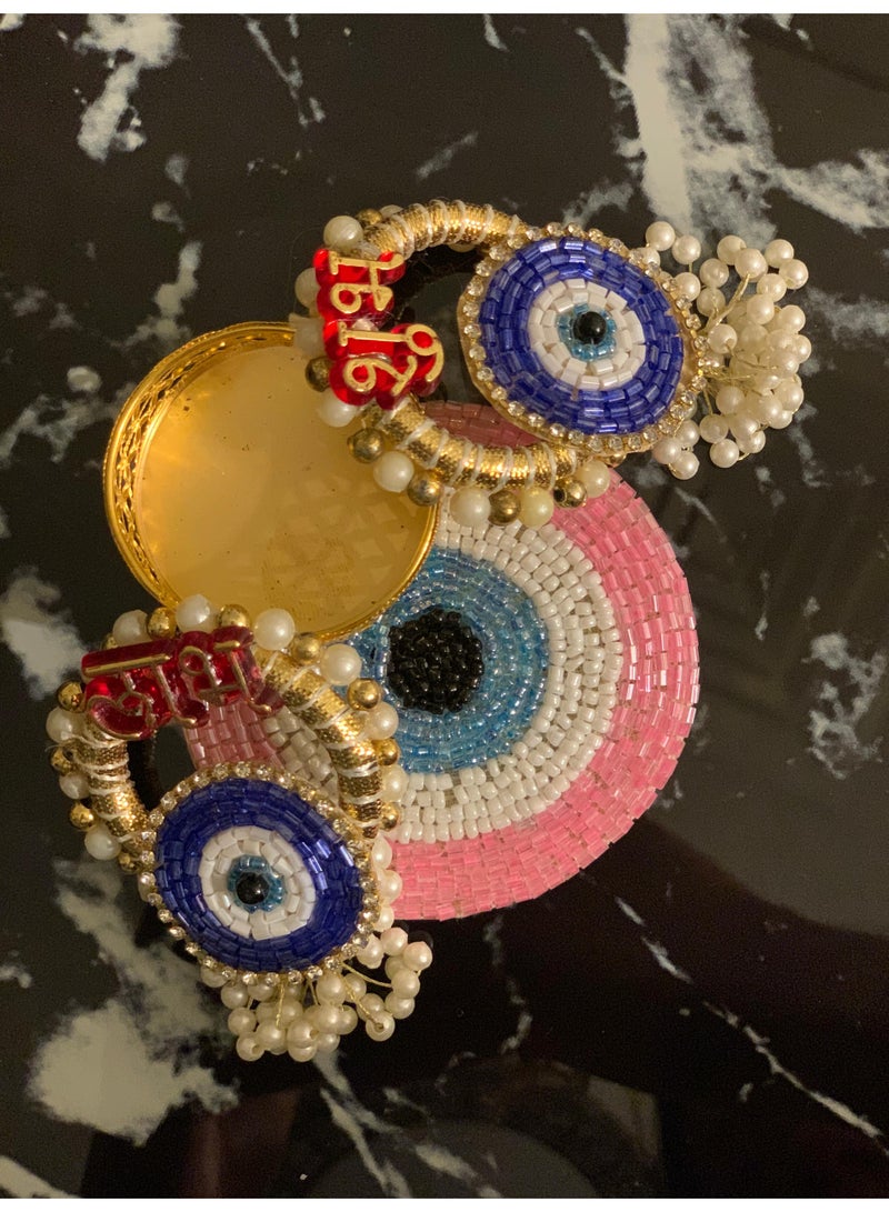 Srajan "Shubh Labh Diya Set with Evil Eye Design – Pearl & Bead Work – Tealight Candle Holders – Set of 2" for Puja, Festive Décor", - Image 1