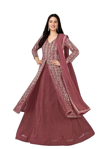 TRENDMALLS بدلة نسائية من جورجيت مطرزة مع سروال وقميص جاهز مع ليهينغا مع دوپاتا (G114-Darkpeach-Large) - Image 1