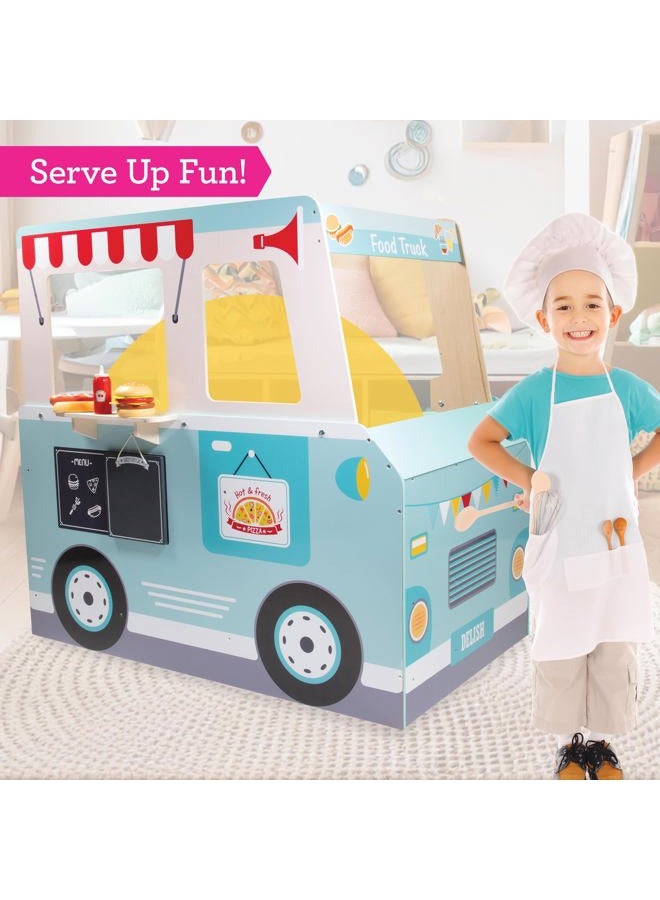 Svan Food Truck Wooden Playset, 20 Fun Toy Pieces Including Cook Top, Steering Wheel, Sticker Sheet for Kids Name, Includes Food Tray, Pizza Slices & More, Dual Sided Play Stand for Indoor Fun Ages 3+ - Image 3