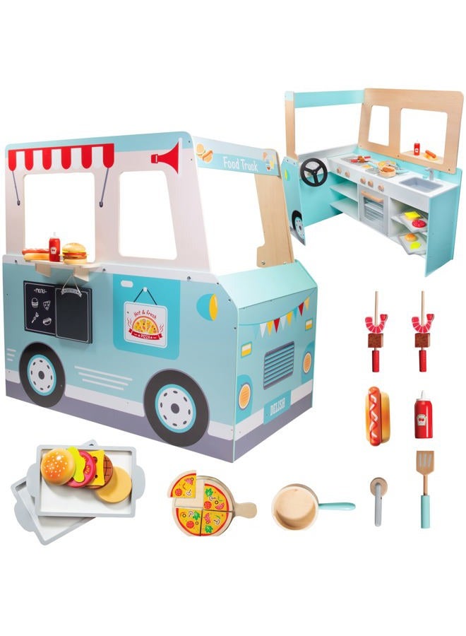 Svan Food Truck Wooden Playset, 20 Fun Toy Pieces Including Cook Top, Steering Wheel, Sticker Sheet for Kids Name, Includes Food Tray, Pizza Slices & More, Dual Sided Play Stand for Indoor Fun Ages 3+ - Image 1