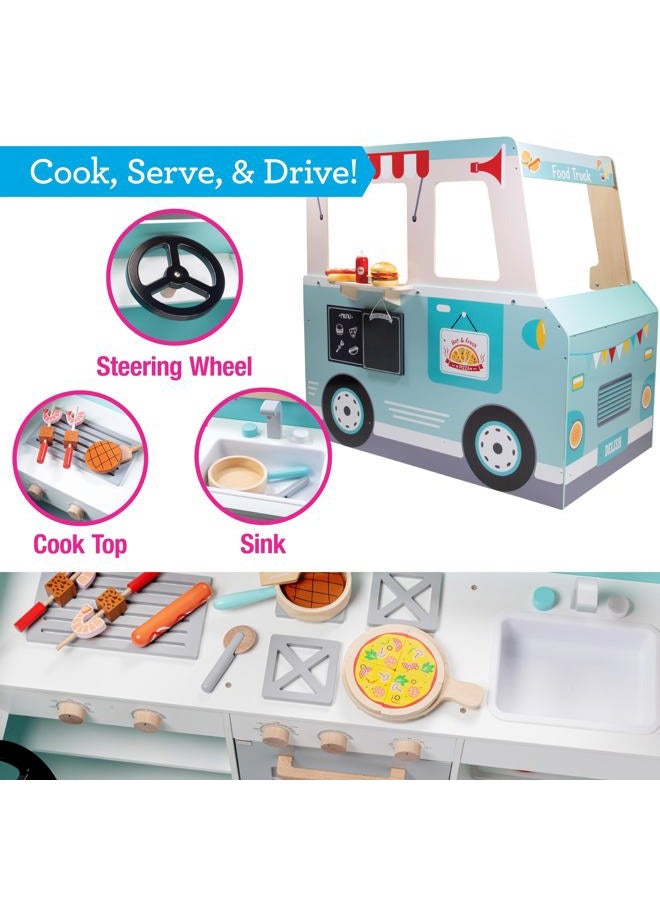 Svan Food Truck Wooden Playset, 20 Fun Toy Pieces Including Cook Top, Steering Wheel, Sticker Sheet for Kids Name, Includes Food Tray, Pizza Slices & More, Dual Sided Play Stand for Indoor Fun Ages 3+ - Image 4