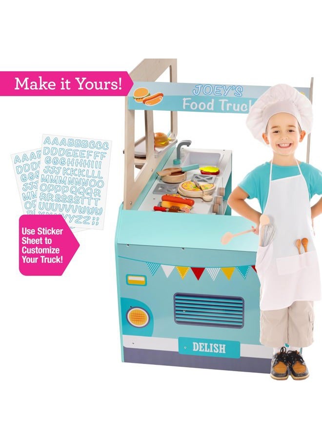 Svan Food Truck Wooden Playset, 20 Fun Toy Pieces Including Cook Top, Steering Wheel, Sticker Sheet for Kids Name, Includes Food Tray, Pizza Slices & More, Dual Sided Play Stand for Indoor Fun Ages 3+ - Image 5