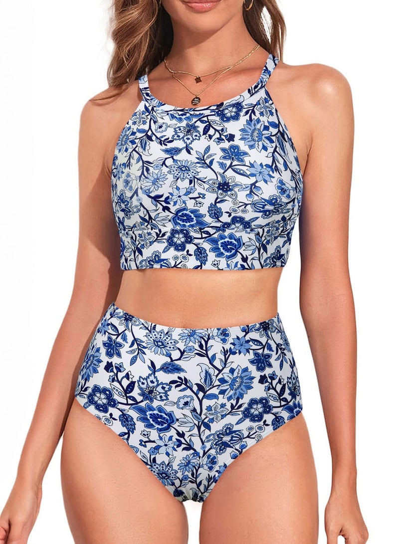 Herseas Womens Bikini 2 Piece Sets High Waisted Longline Popular Swimsuits High Neck Floral Print Seamless Sporty Cute Bathing Suits Teen Girls Curvy Resort Wear Small - Image 1